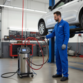 Mechanic operating transmission fluid exchange machine with red fresh fluid flowing through clear tubes