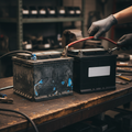 Old corroded and new shiny car batteries on shop workbench with mechanic gloved hands