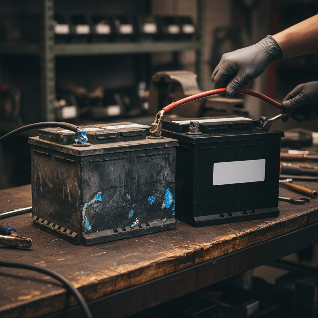 Old corroded and new shiny car batteries on shop workbench with mechanic gloved hands