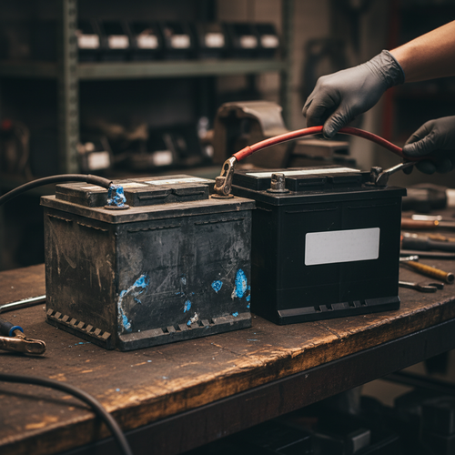 Old corroded and new shiny car batteries on shop workbench with mechanic gloved hands