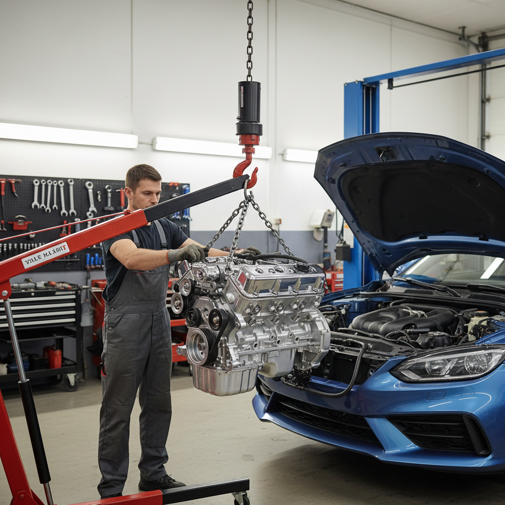 Used engine being lowered by engine hoist into car engine bay, mechanic guiding it, professional auto shop