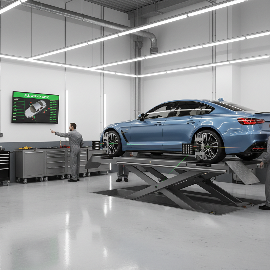 Car on alignment rack with laser sensors on front wheels, alignment machine screen showing green measurements