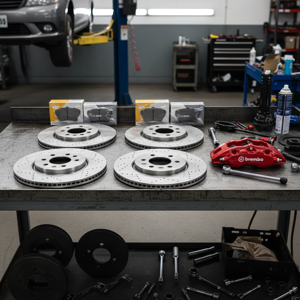Four new cross-drilled brake rotors and ceramic brake pads laid out on workbench with brake tools
