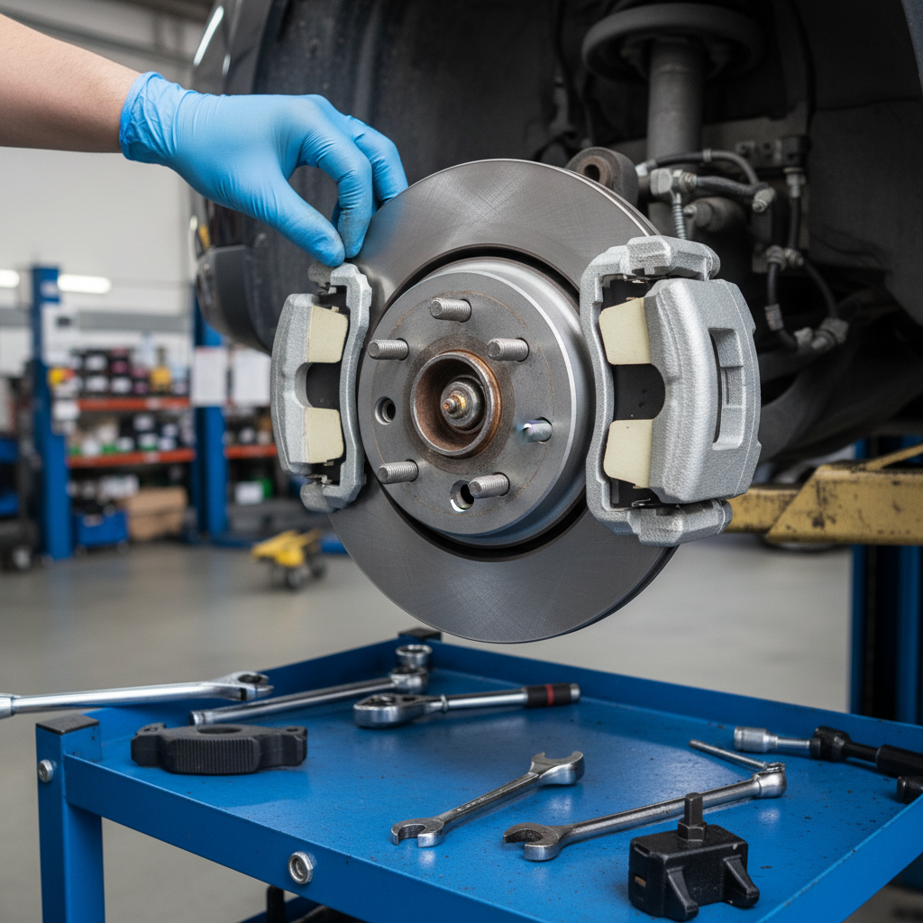 Rear brake assembly with new ceramic brake pads fitted into caliper, silver rotor visible