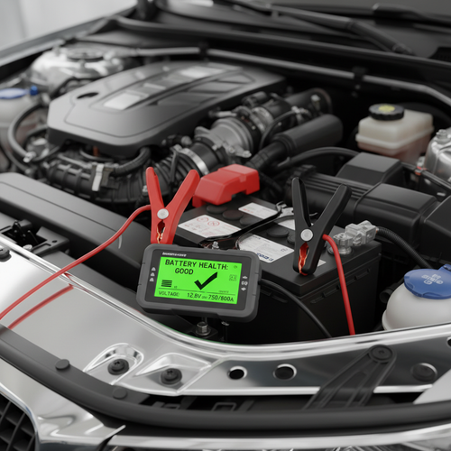 Digital battery tester with clamps on car battery showing green good reading