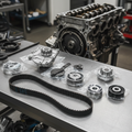 New timing belt kit with belt, tensioner, water pump, and pulleys on workbench, engine disassembled in background