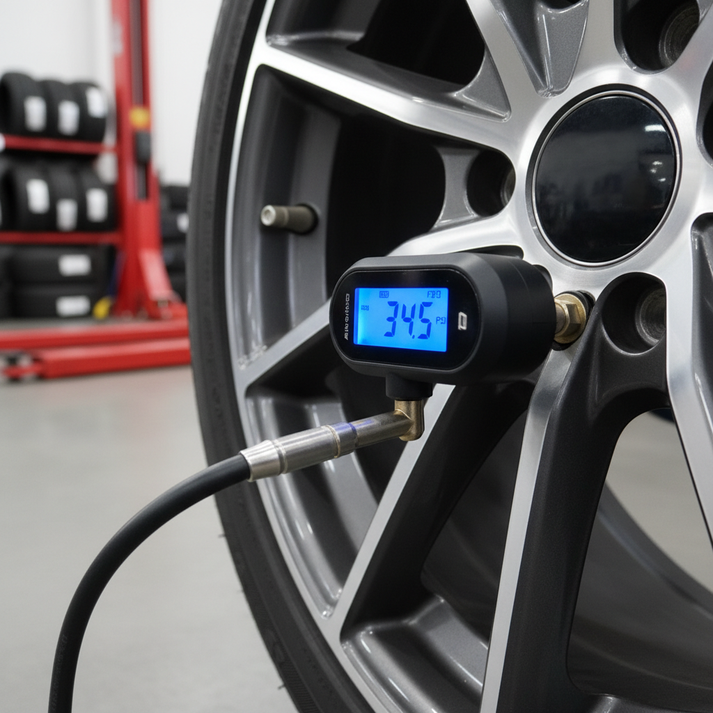 Digital tire pressure gauge on car tire valve stem with alloy wheel visible