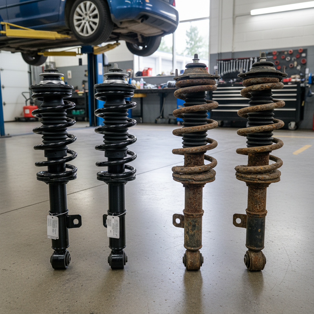 Two new shock absorbers next to two old rusty ones on shop floor with car lift in background