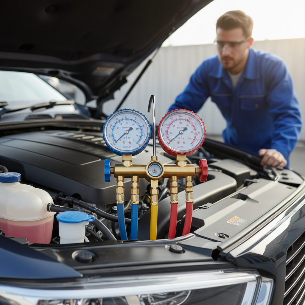 AC manifold gauge set with blue and red hoses connected to car service ports, mechanic in background