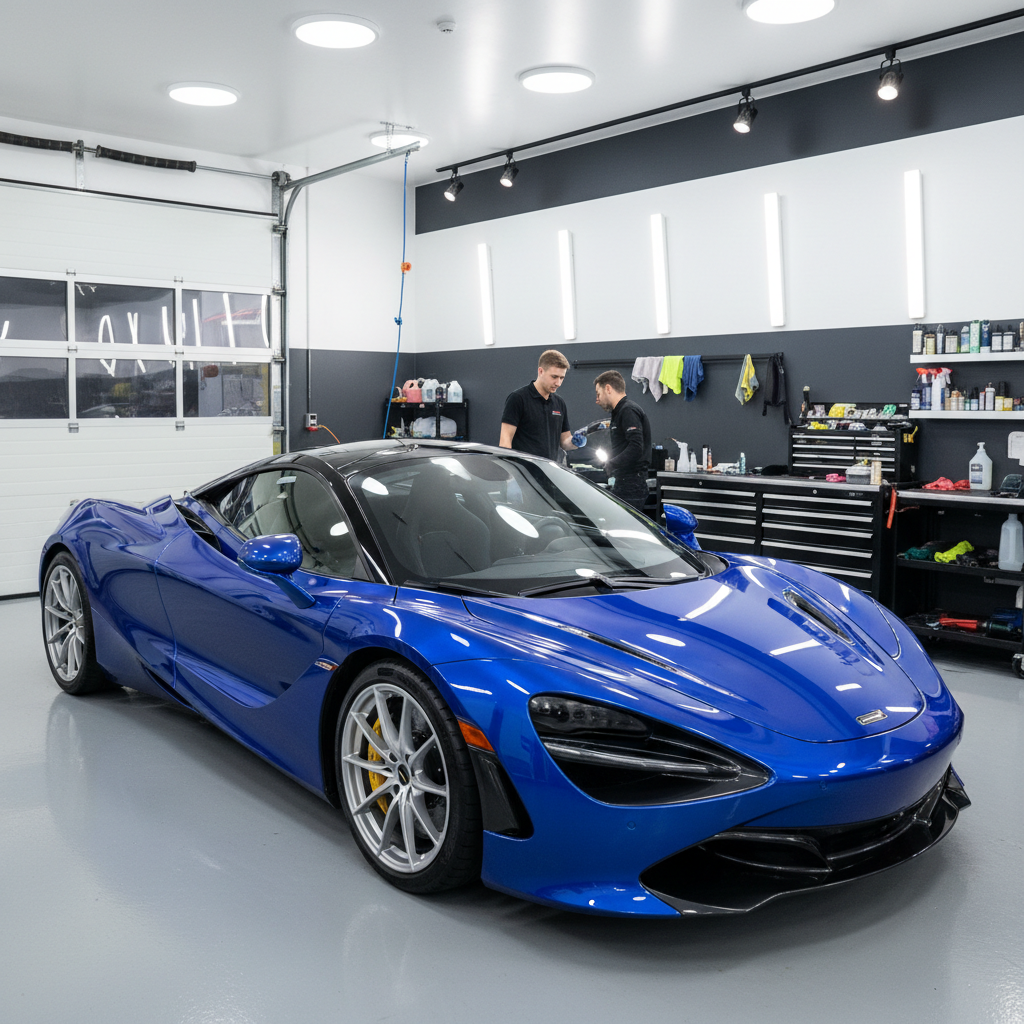 Freshly detailed car gleaming under showroom lights with deep paint reflection and glossy tires