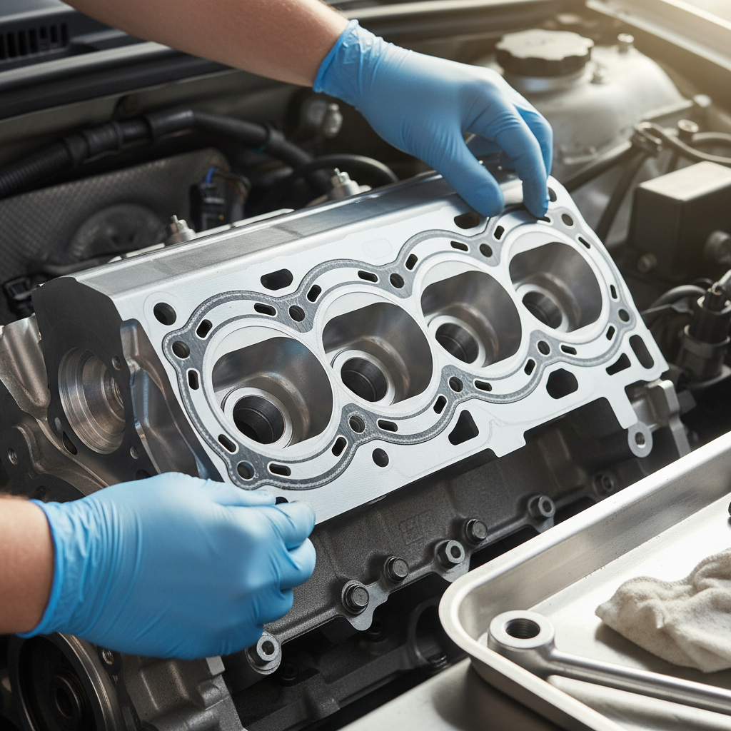 Resurfaced cylinder head and new multi-layer steel head gasket on engine block, mechanic positioning gasket
