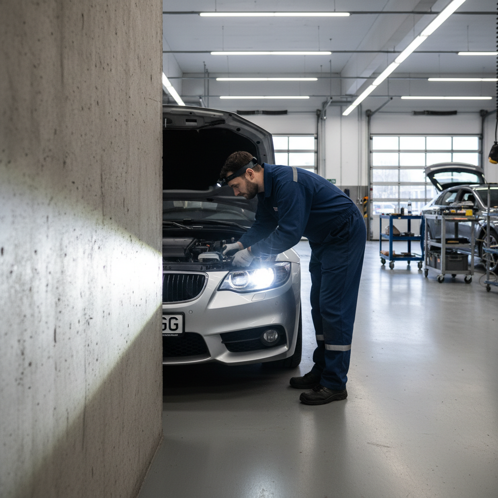 Car with bright white headlight in auto shop, mechanic adjusting headlight housing