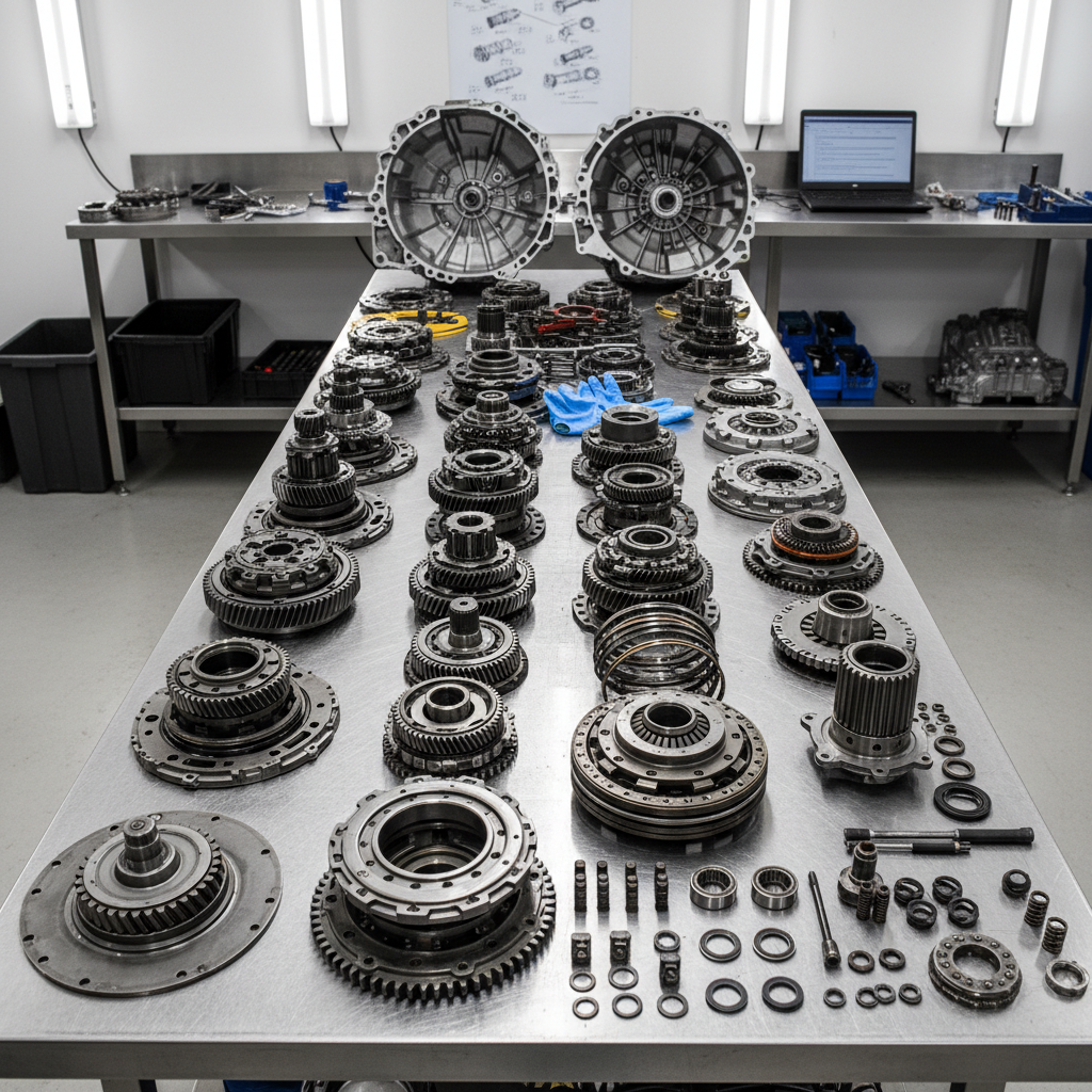 Disassembled automatic transmission with gears, clutch packs, and components laid out on clean workbench